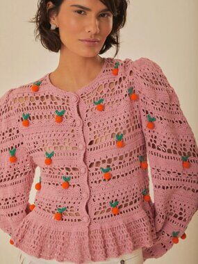 LIKE NEW FARM RIO Pink Orange Tassel Crochet Blouse, size XS